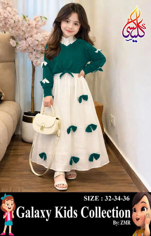 Girls Georgette Bow Top Maxi Set Green White 2Pcs