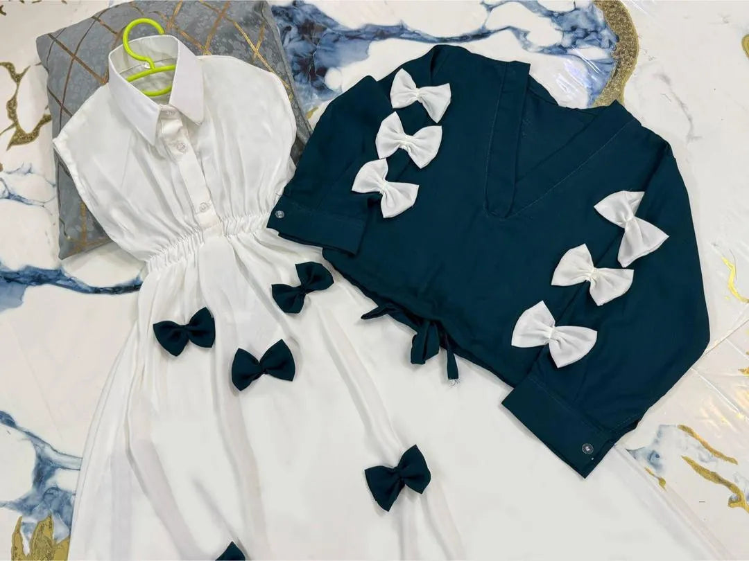 Girls Georgette Bow Top Maxi Set Green White 2Pcs